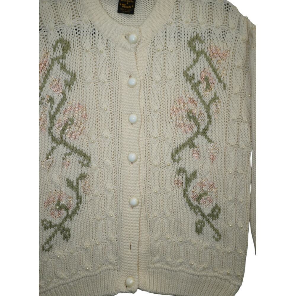 Vtg 80 Sweater Magda Cream Knit Cardigan Floral Embroidery & Faux Pearl Beading - Picture 3 of 5